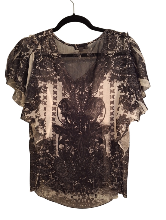 ONE WORLD Tops - ONE WORLD Black & White Paisley Sheer Flutter Sleeve Blouse